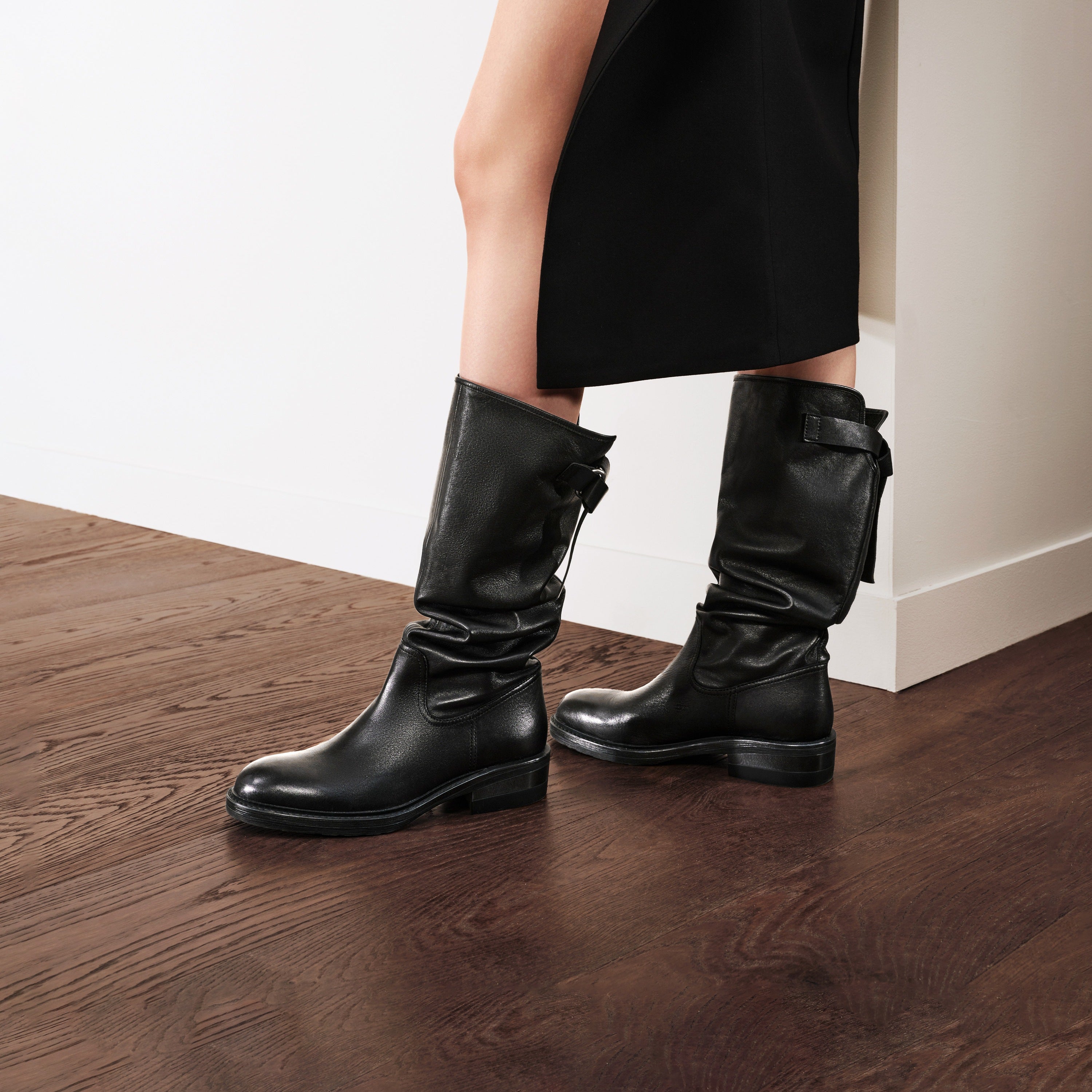 Waxed Calf Buckle Low Block Heel Knee-High Boots