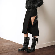 Waxed Calf Buckle Low Block Heel Knee-High Boots