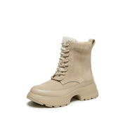 Taupe Suede Platform Combat Boots with Faux Fur Tongue