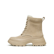Taupe Suede Platform Combat Boots with Faux Fur Tongue