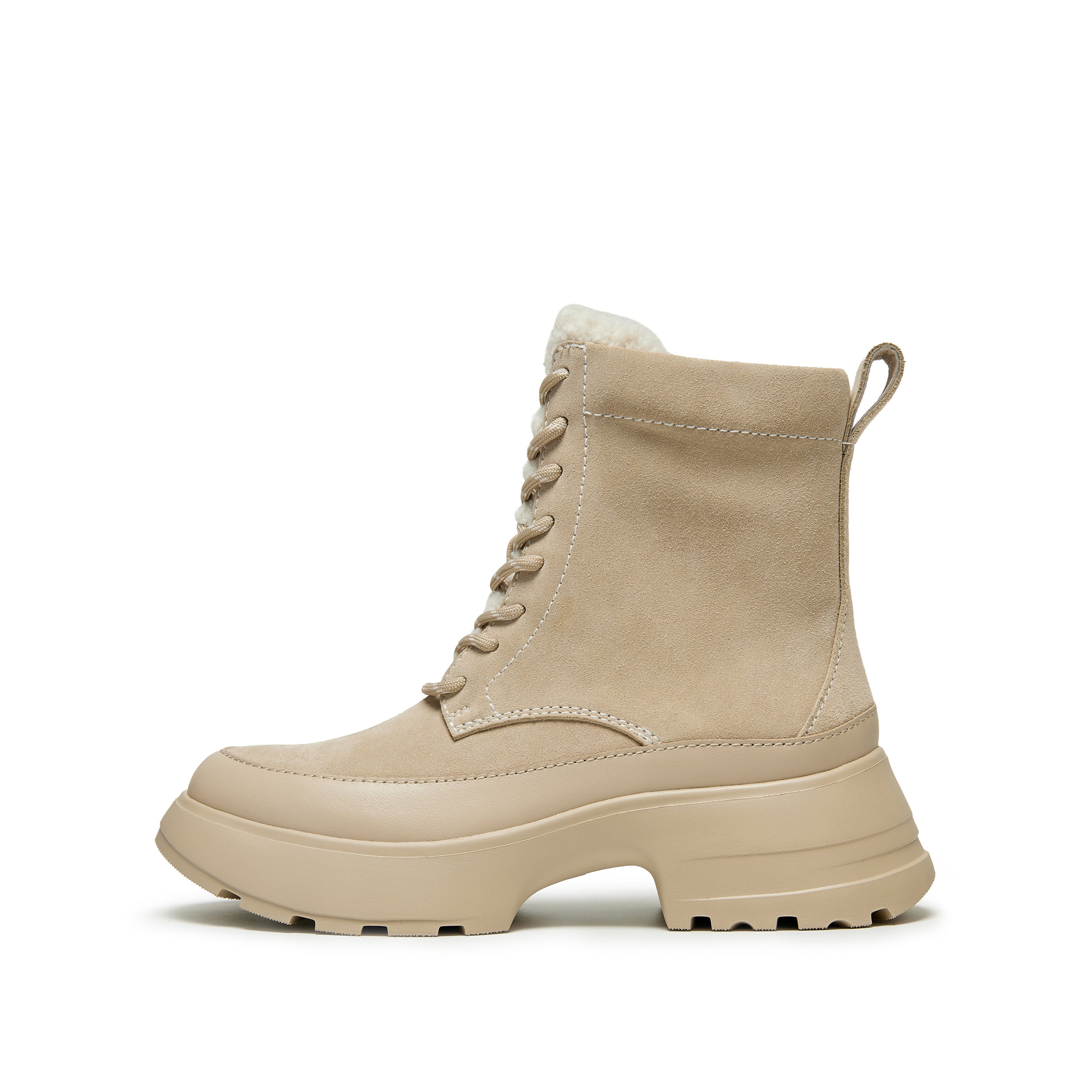 Taupe Suede Platform Combat Boots with Faux Fur Tongue