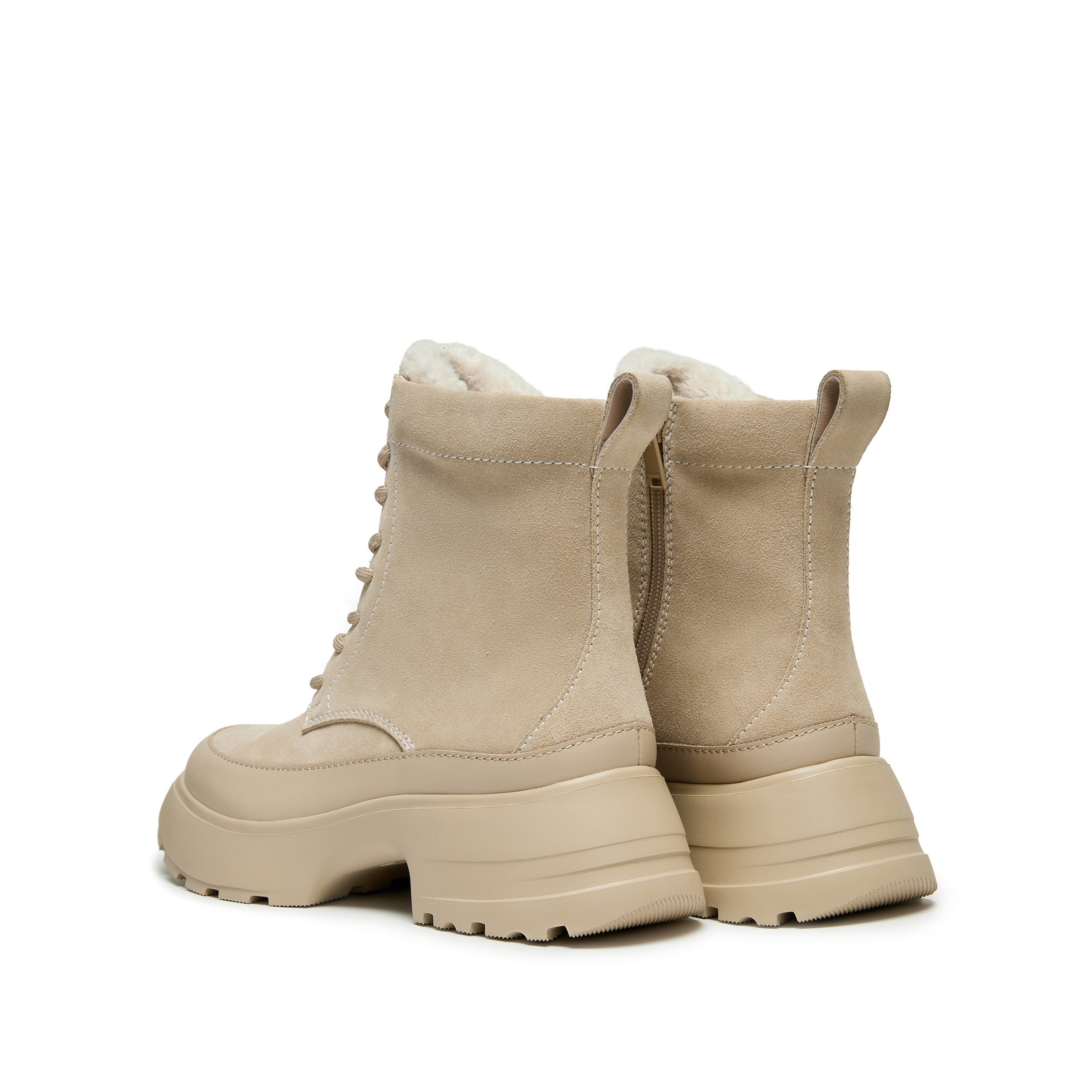Taupe Suede Platform Combat Boots with Faux Fur Tongue