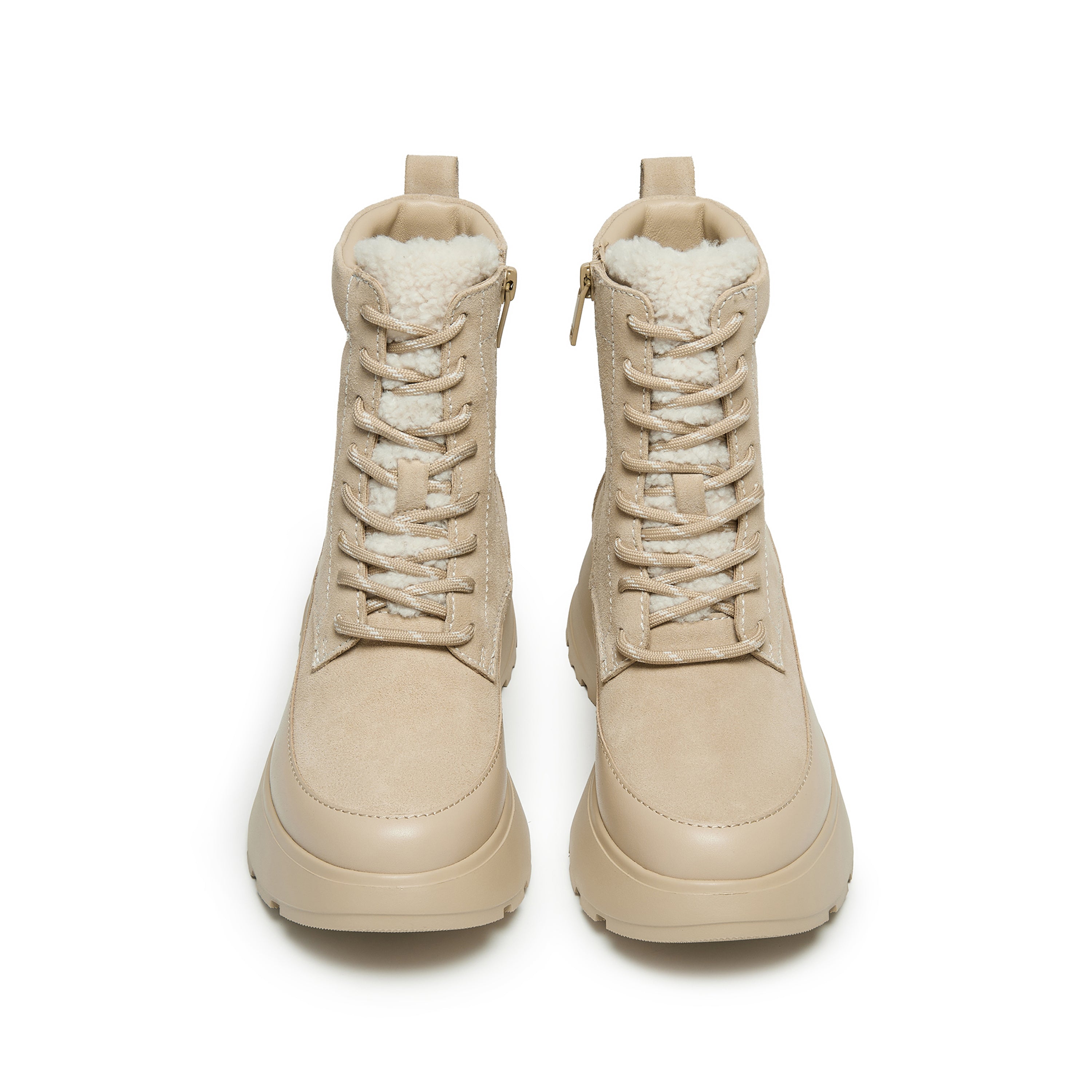 Taupe Suede Platform Combat Boots with Faux Fur Tongue