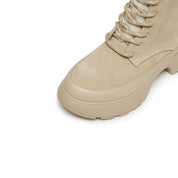 Taupe Suede Platform Combat Boots with Faux Fur Tongue