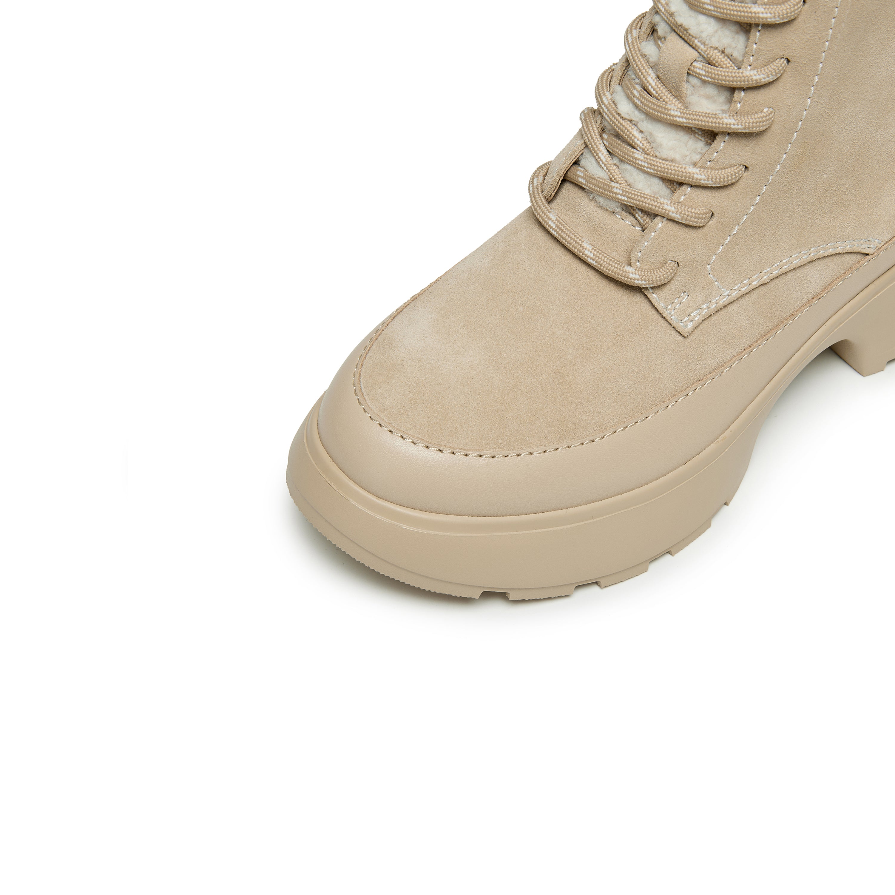 Taupe Suede Platform Combat Boots with Faux Fur Tongue