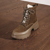Taupe Suede Platform Combat Boots with Faux Fur Tongue