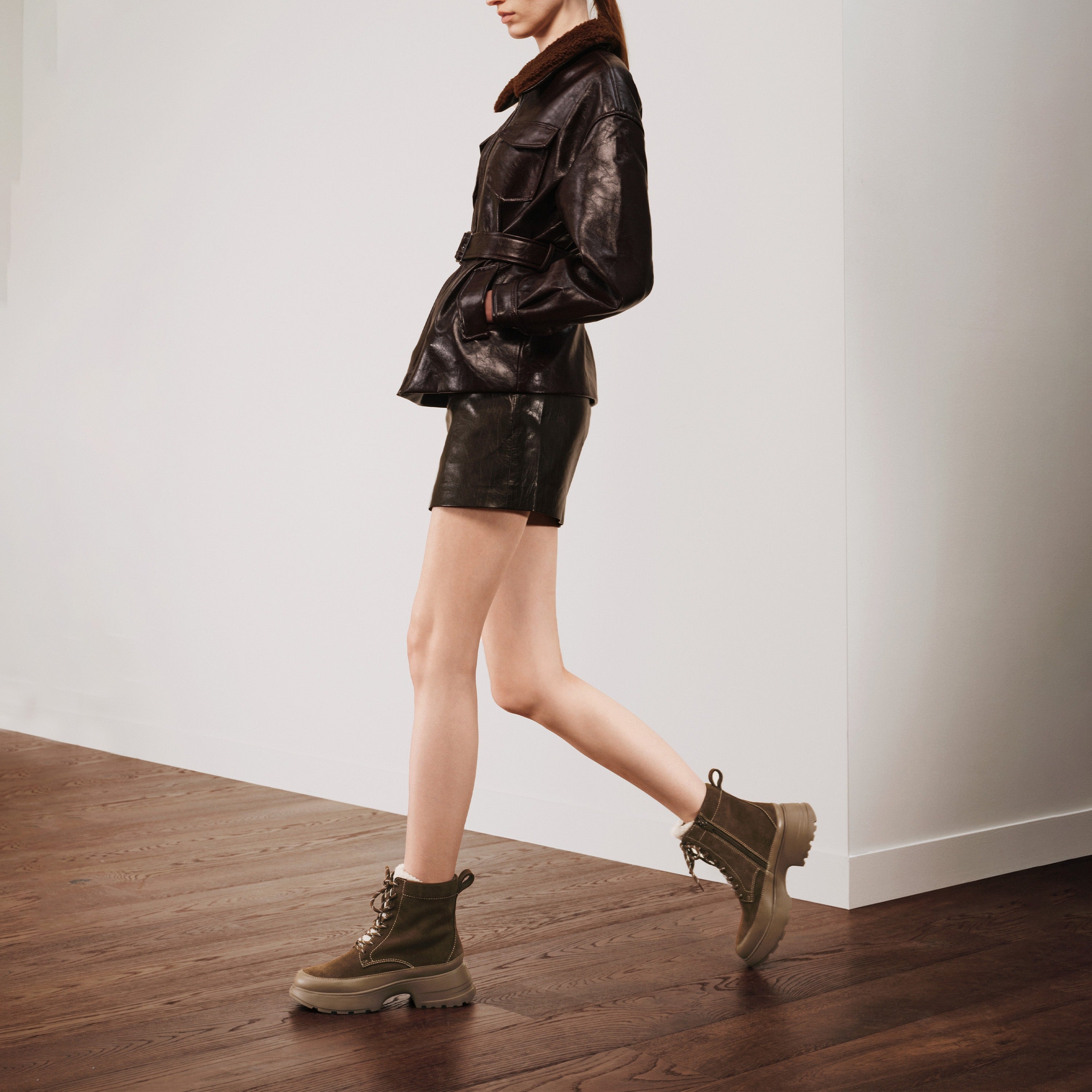 Taupe Suede Platform Combat Boots with Faux Fur Tongue