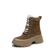 Brown Suede Platform Combat Boots with Faux Fur Tongue