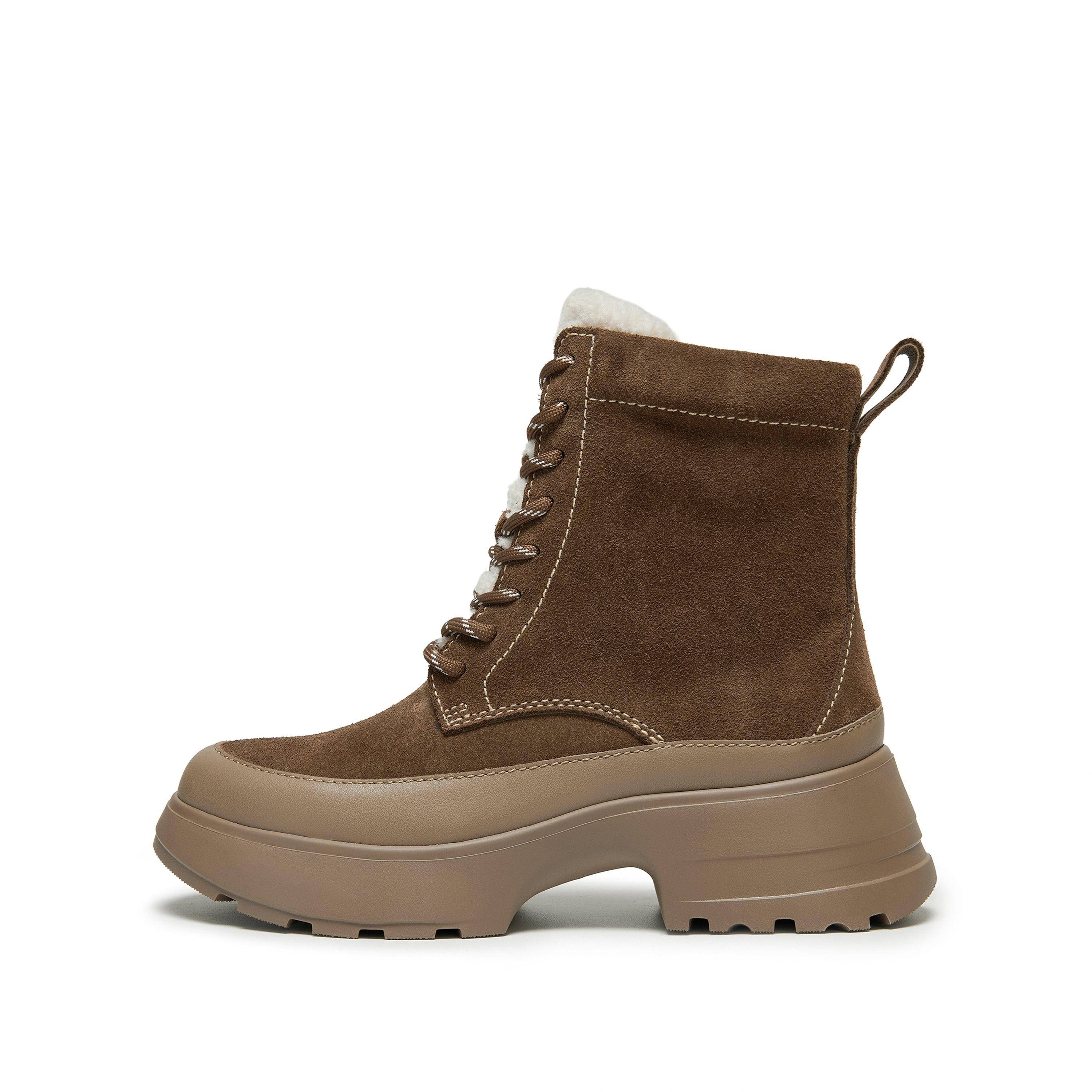 Brown Suede Platform Combat Boots with Faux Fur Tongue