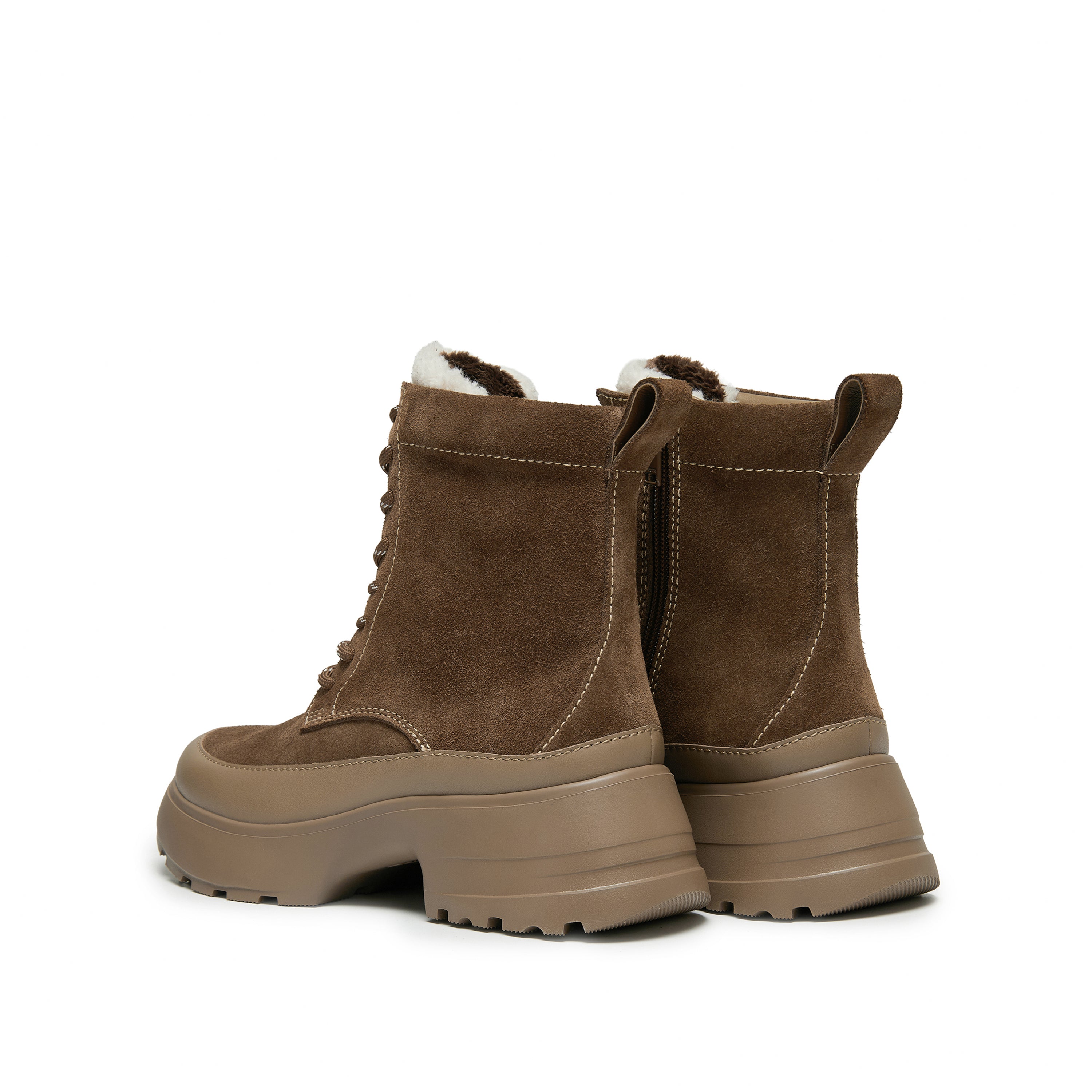 Brown Suede Platform Combat Boots with Faux Fur Tongue