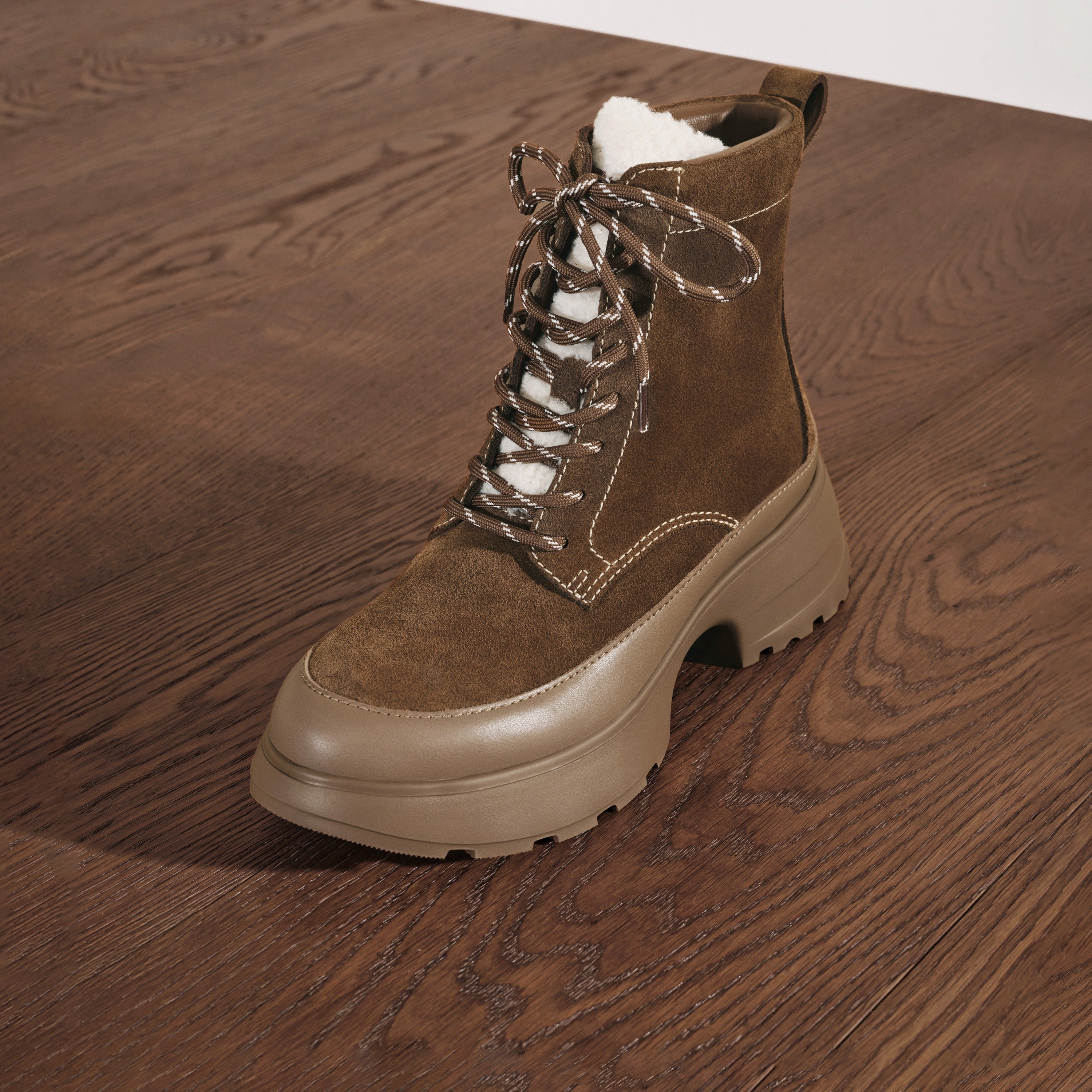Brown Suede Platform Combat Boots with Faux Fur Tongue