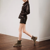 Brown Suede Platform Combat Boots with Faux Fur Tongue