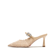Beige Lace Bow Mule Pumps