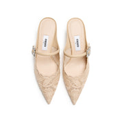 Beige Lace Bow Mule Pumps