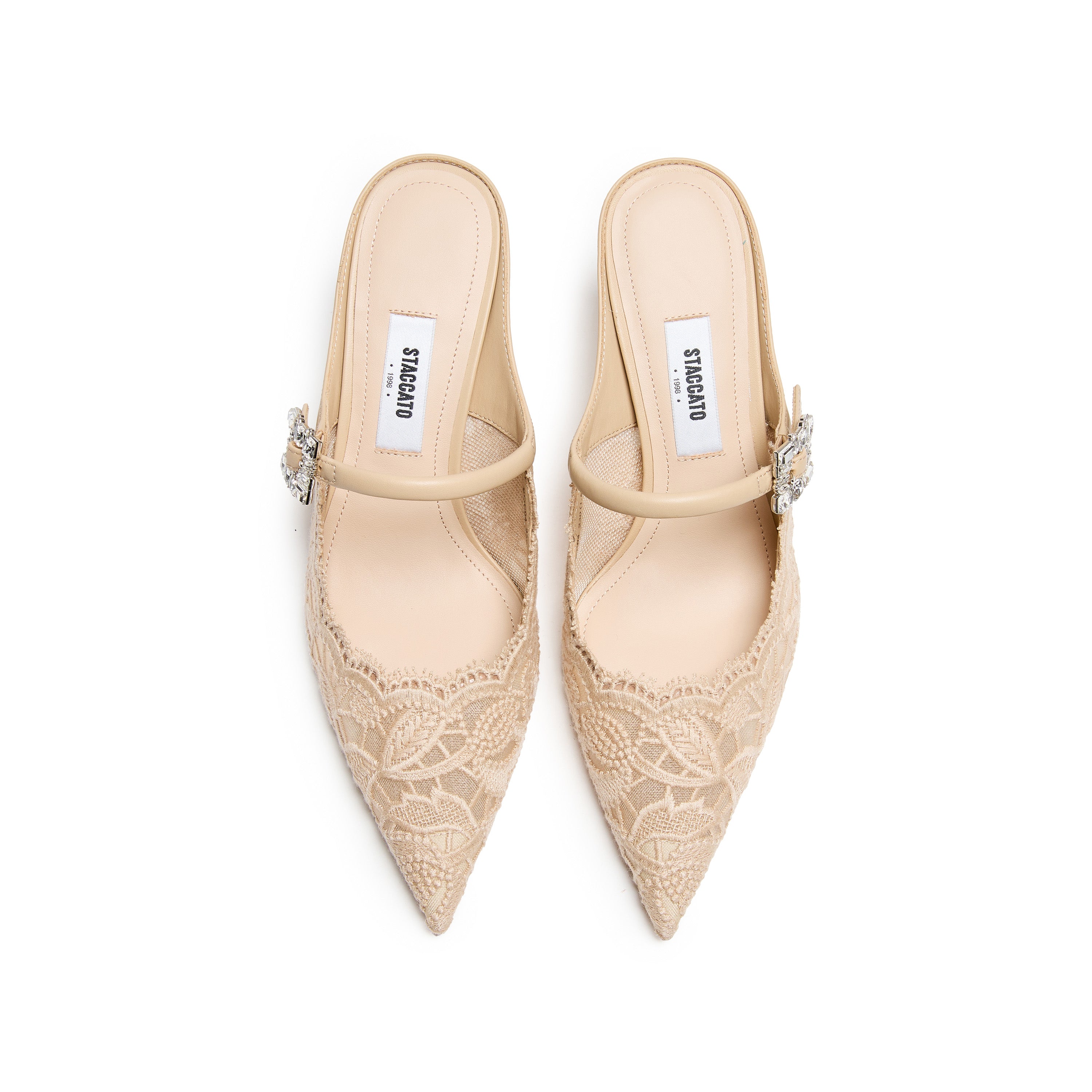 Beige Lace Bow Mule Pumps