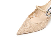Beige Lace Bow Mule Pumps