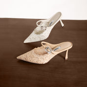 Beige Lace Bow Mule Pumps