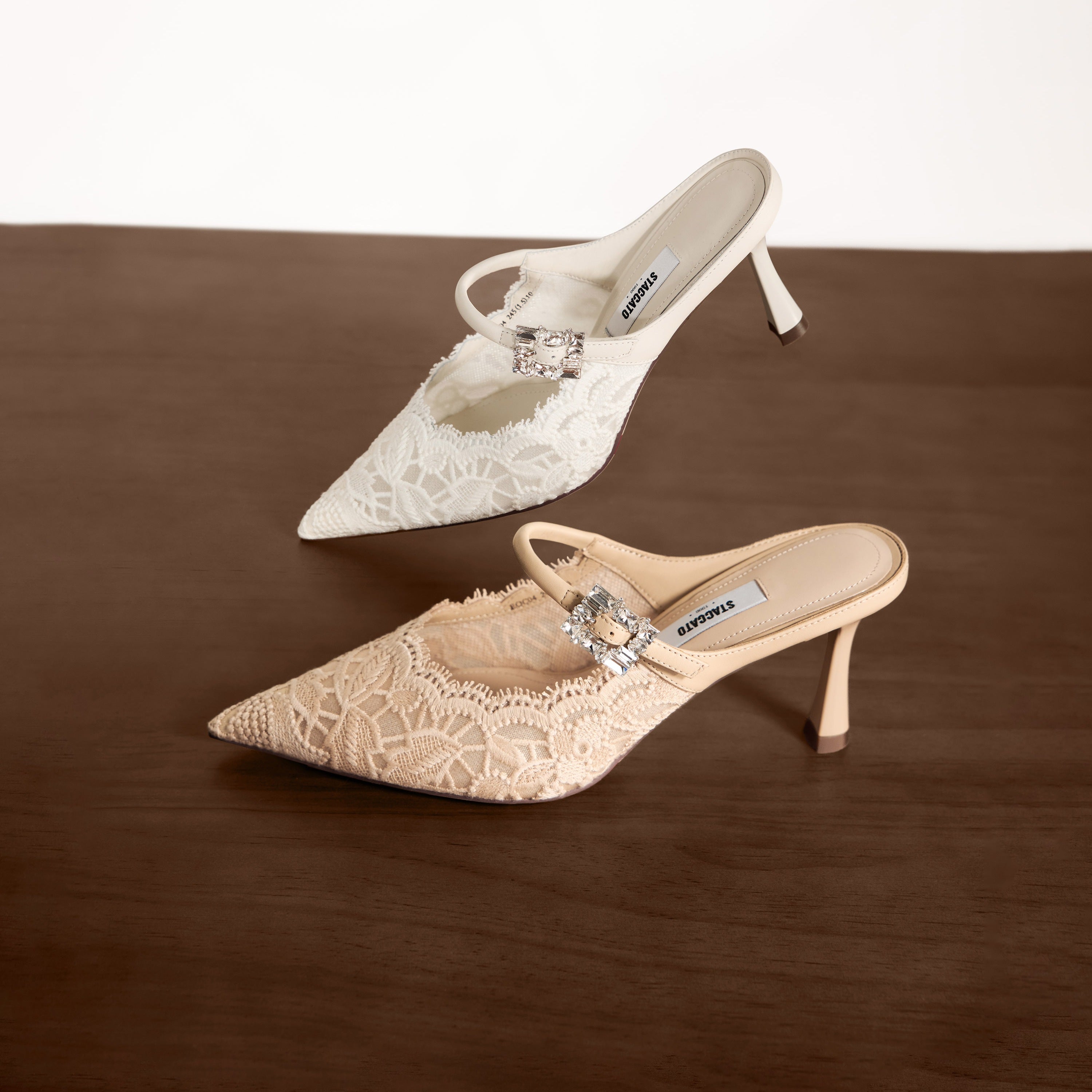 Beige Lace Bow Mule Pumps
