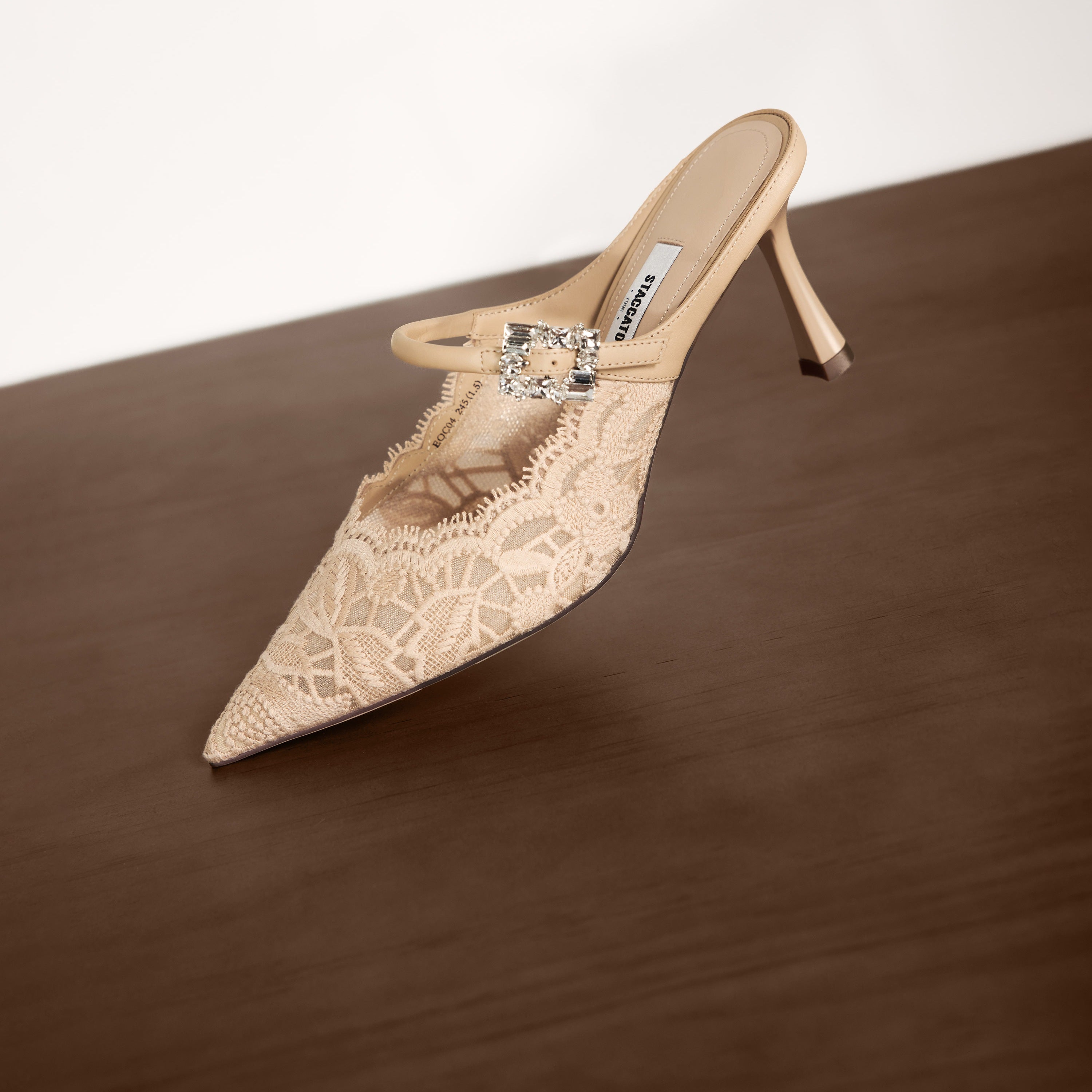 Beige Lace Bow Mule Pumps