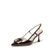Dark Brown Patent Slingback Buckle Heels
