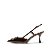 Dark Brown Patent Slingback Buckle Heels