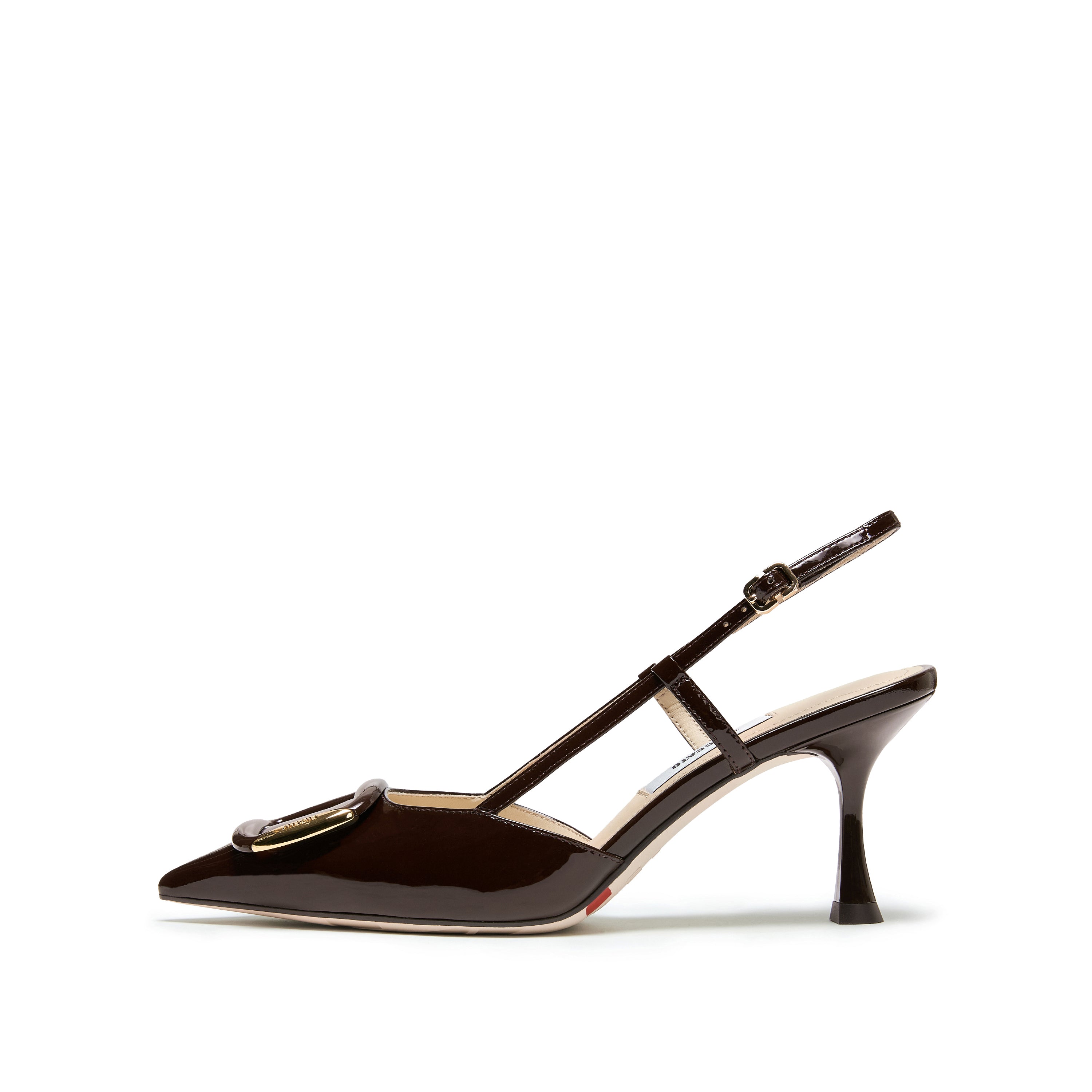 Dark Brown Patent Slingback Buckle Heels