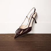 Dark Brown Patent Slingback Buckle Heels