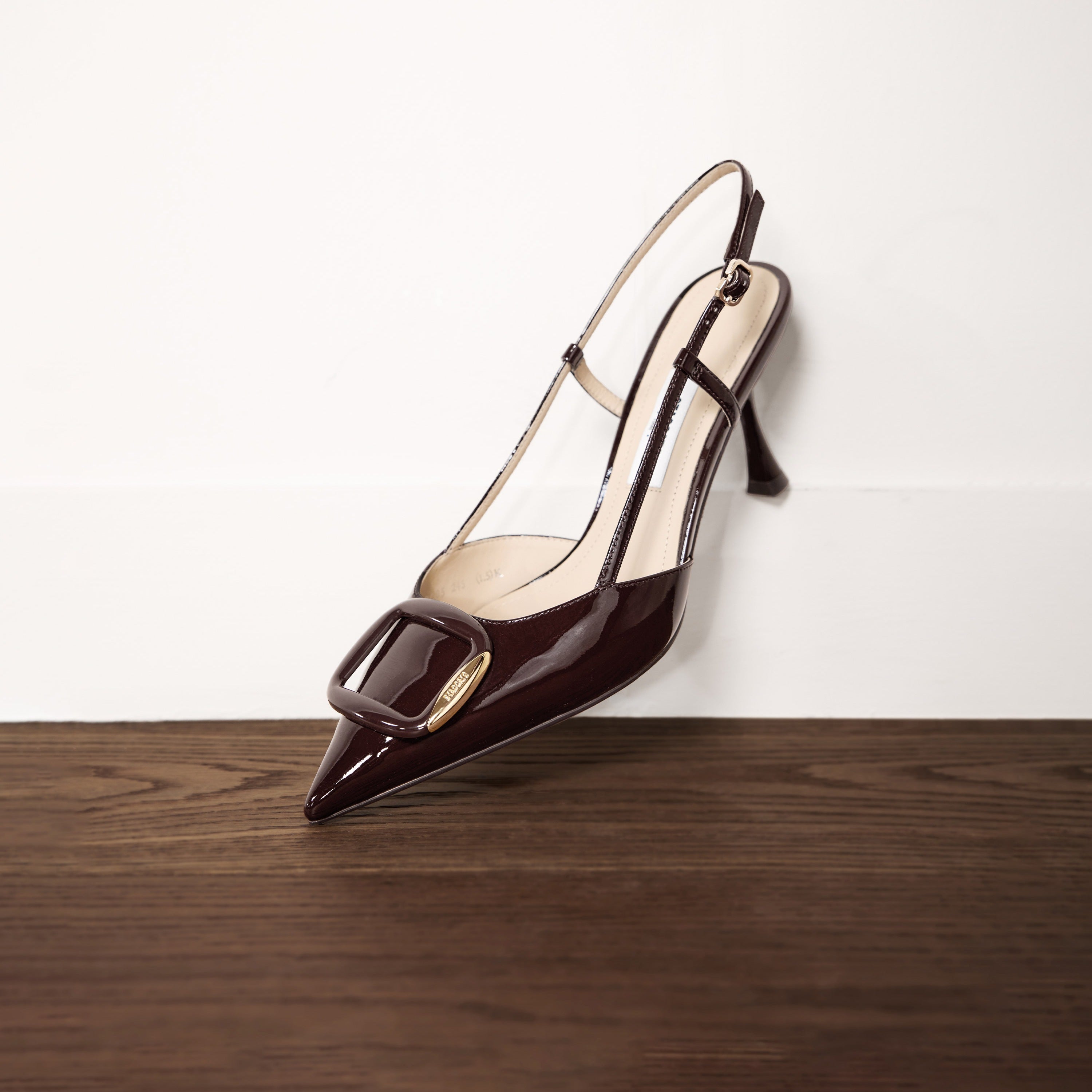 Dark Brown Patent Slingback Buckle Heels