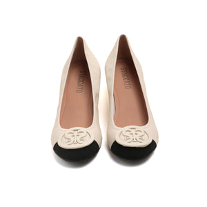 Beige ST Crystal-Buckle Leather Pumps