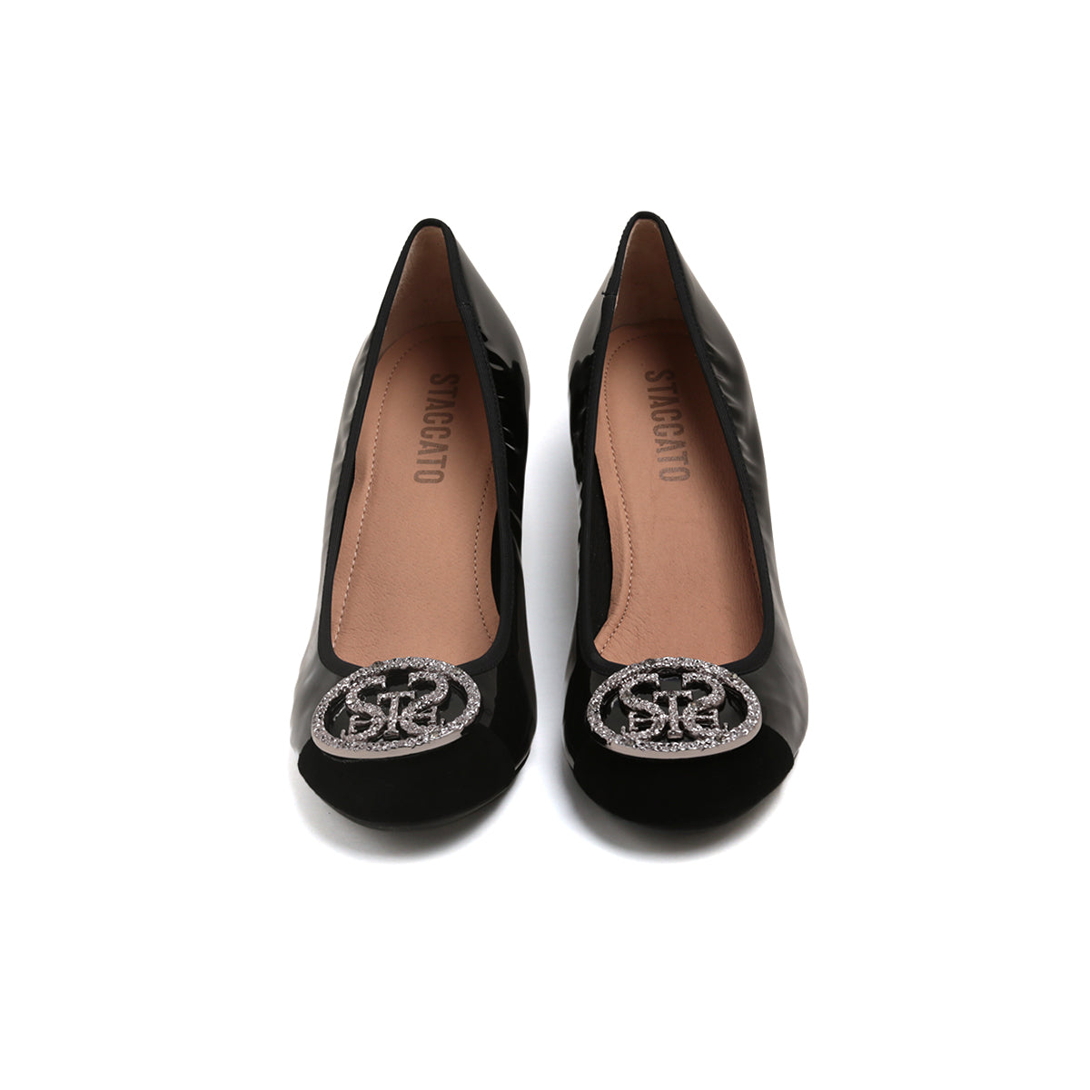 Black ST Crystal-Buckle Patent Pumps