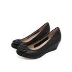 Load image into Gallery viewer, Black ST Buckle Leather Wedge Pumps
