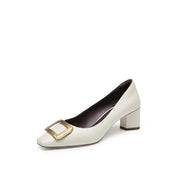 Beige Waxy Square Buckle Workwear Pumps