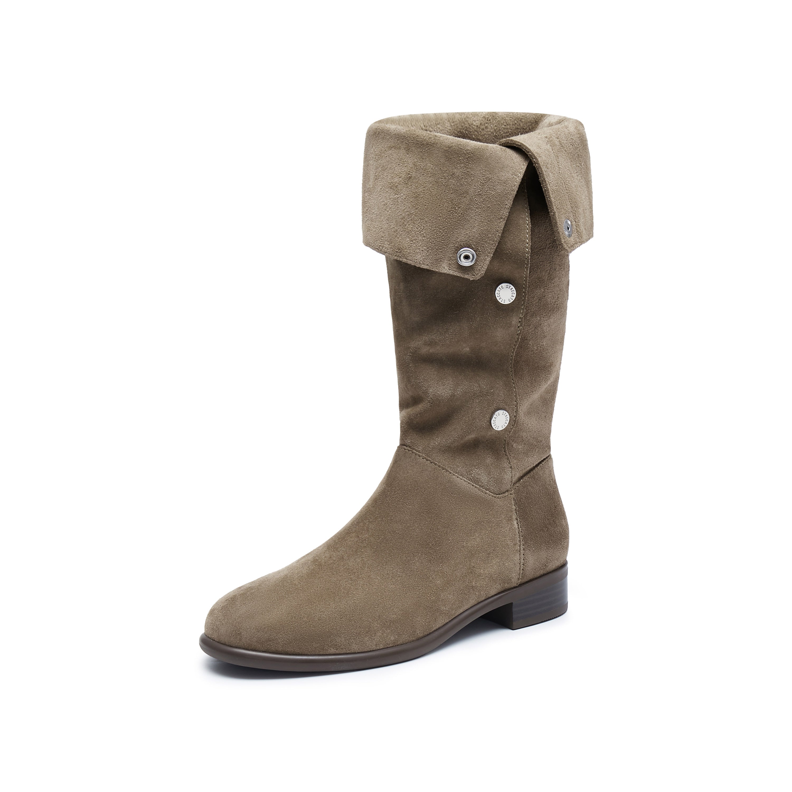 Khaki Buttons Under Knee Slouchy Flat Boots