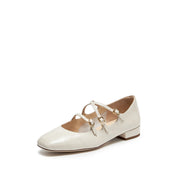 Beige Embossed Triple Strap Flat Mary Janes