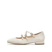 Beige Embossed Triple Strap Flat Mary Janes