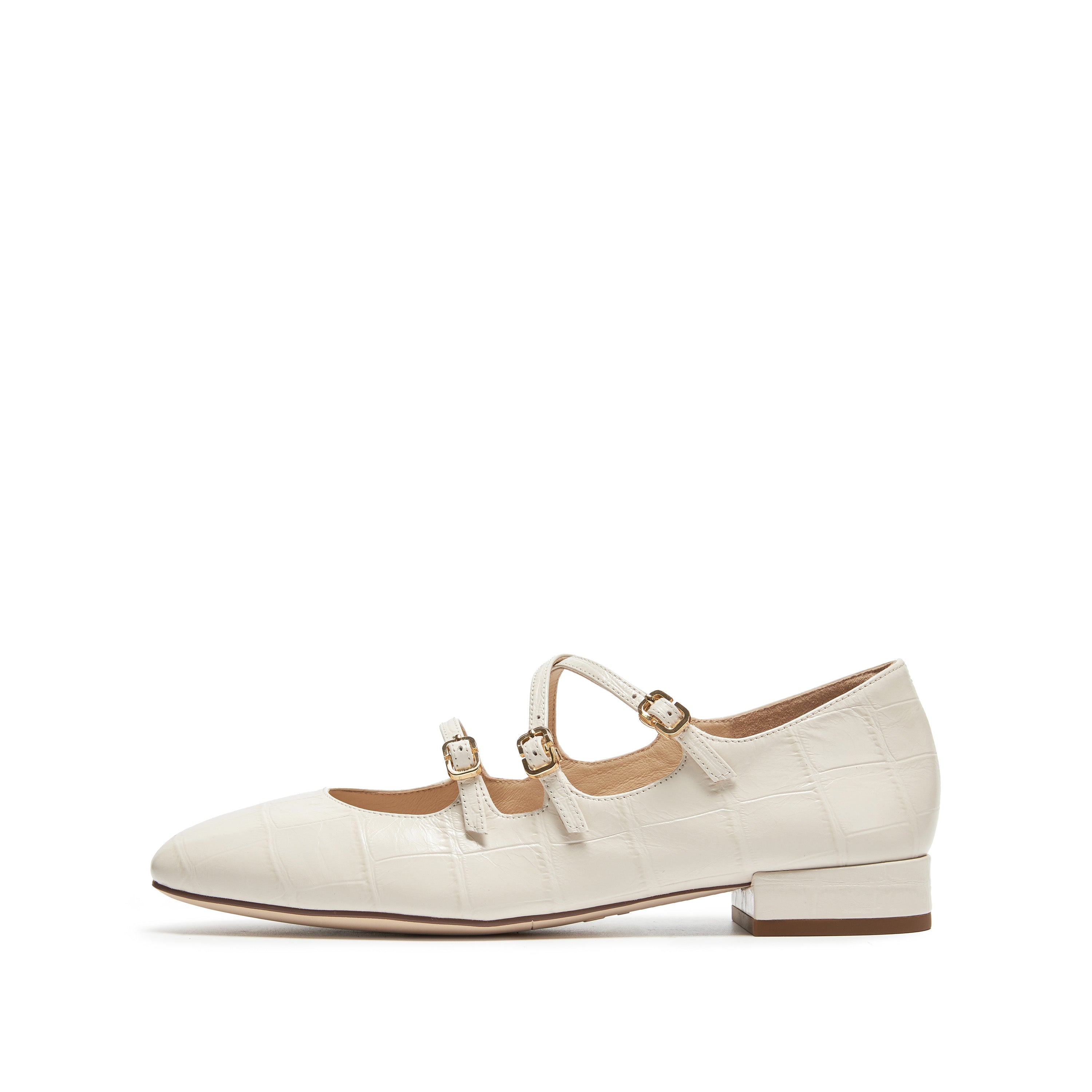 Beige Embossed Triple Strap Flat Mary Janes