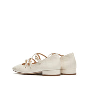 Beige Embossed Triple Strap Flat Mary Janes