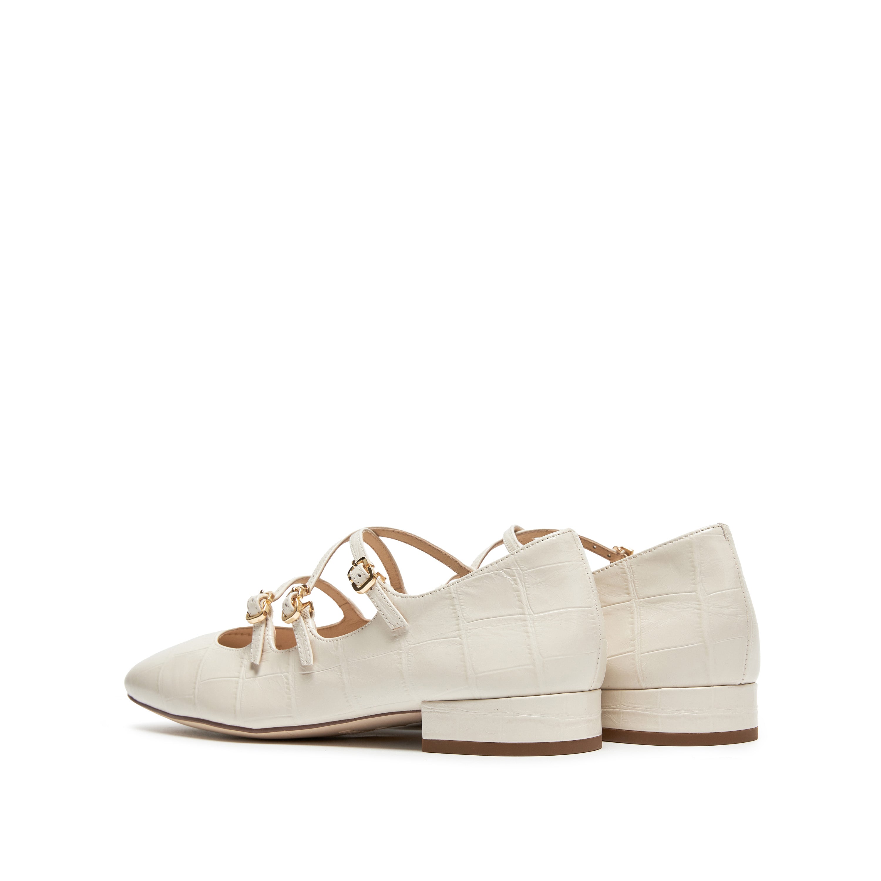 Beige Embossed Triple Strap Flat Mary Janes