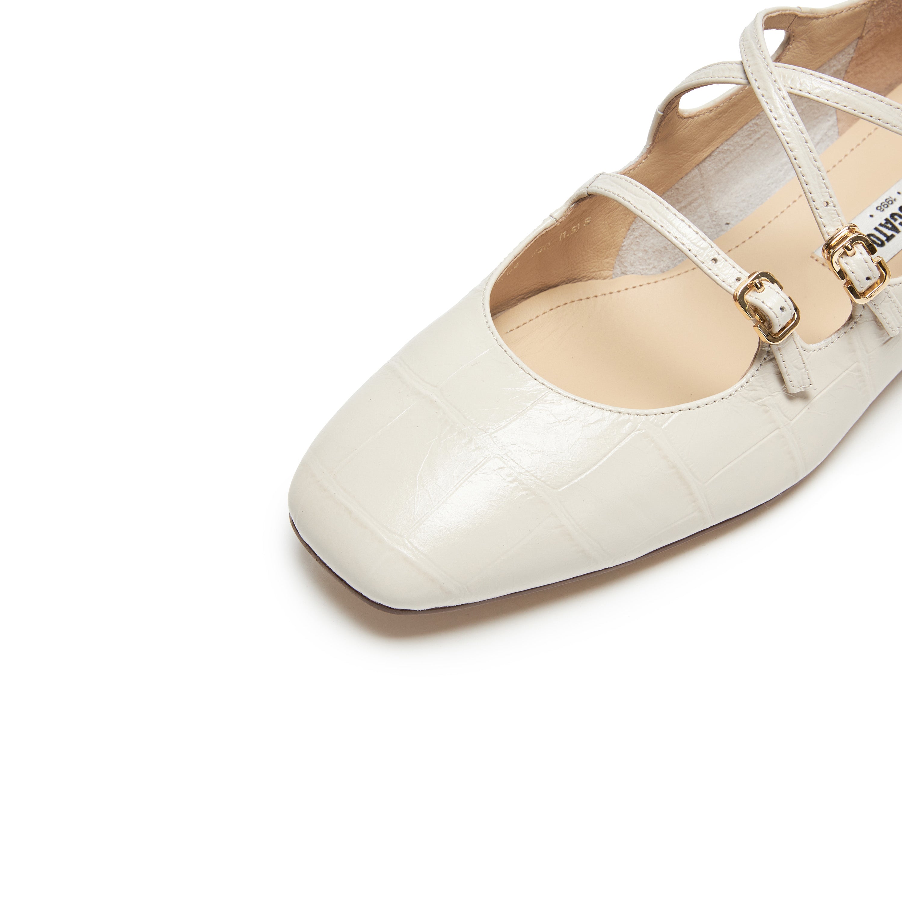 Beige Embossed Triple Strap Flat Mary Janes