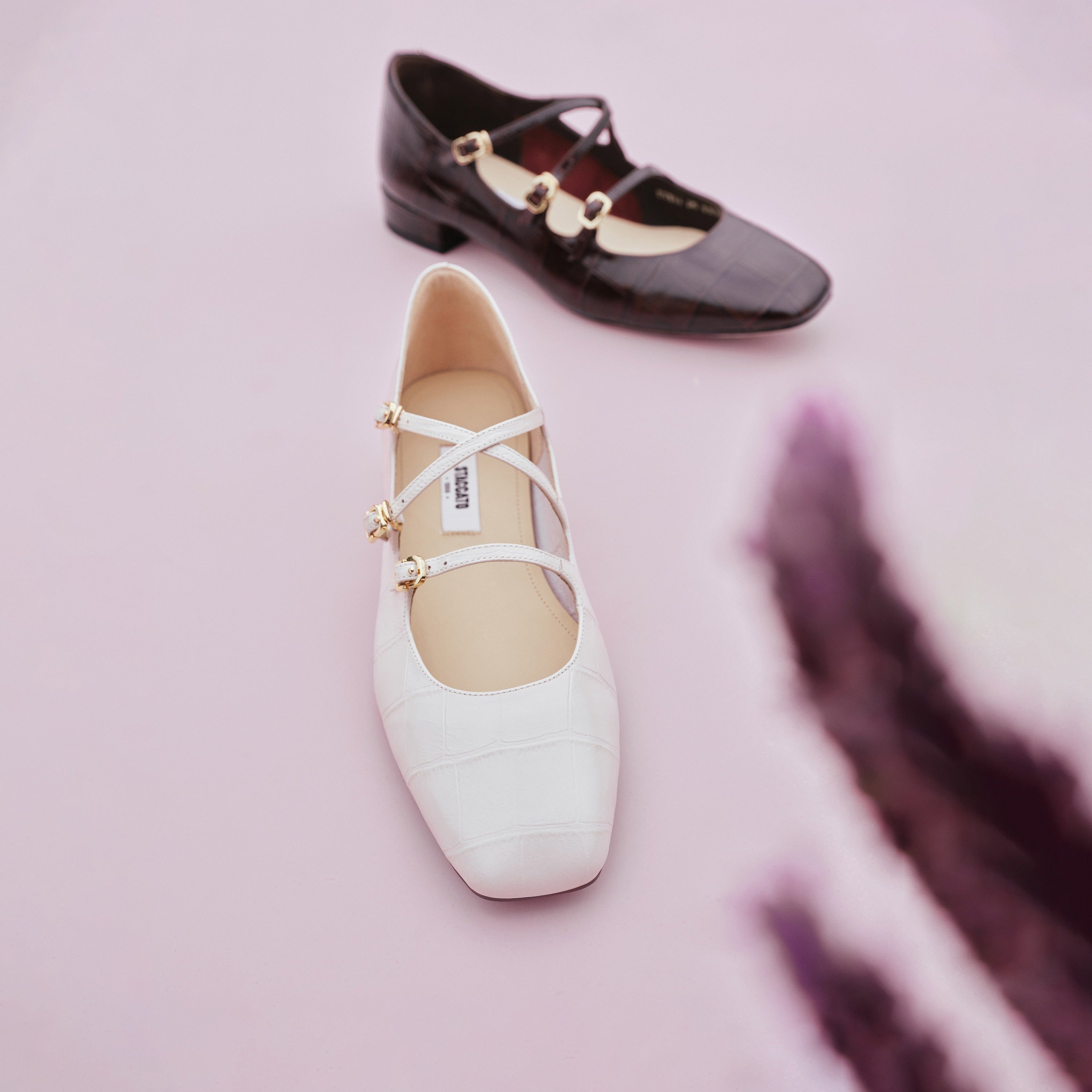 Beige Embossed Triple Strap Flat Mary Janes