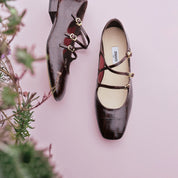 Beige Embossed Triple Strap Flat Mary Janes