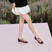 Beige Embossed Triple Strap Flat Mary Janes