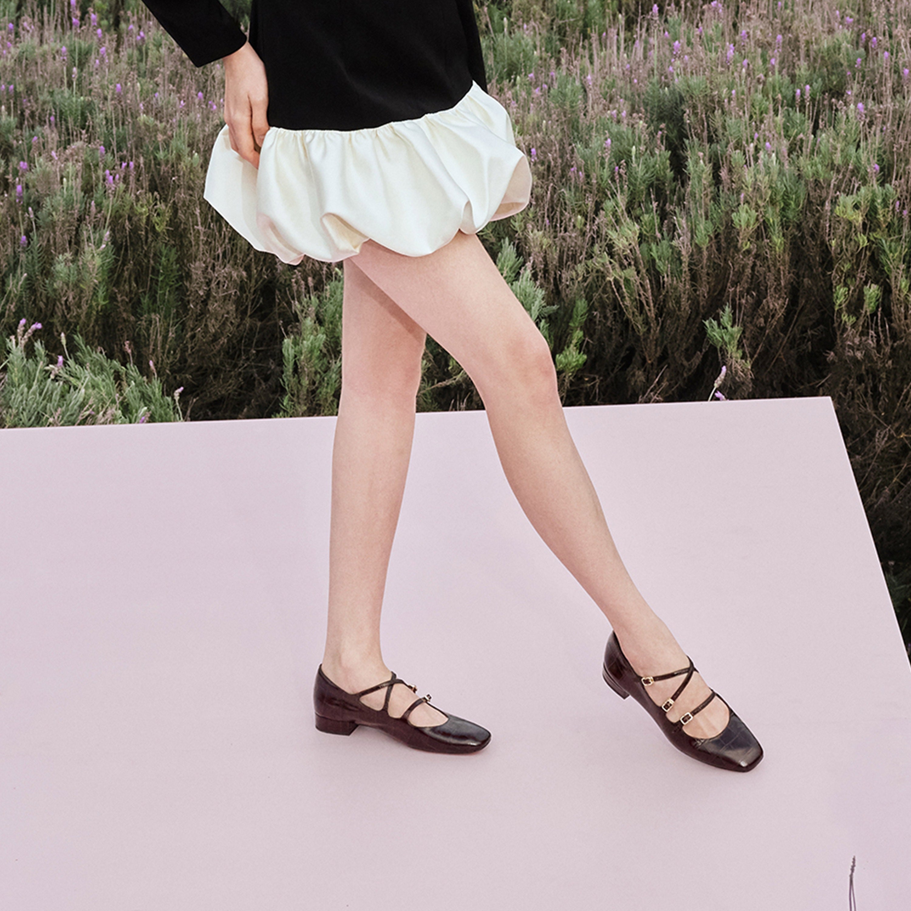 Beige Embossed Triple Strap Flat Mary Janes