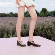 Beige Embossed Triple Strap Flat Mary Janes