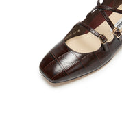 Burgundy Embossed Triple Strap Flat Mary Janes