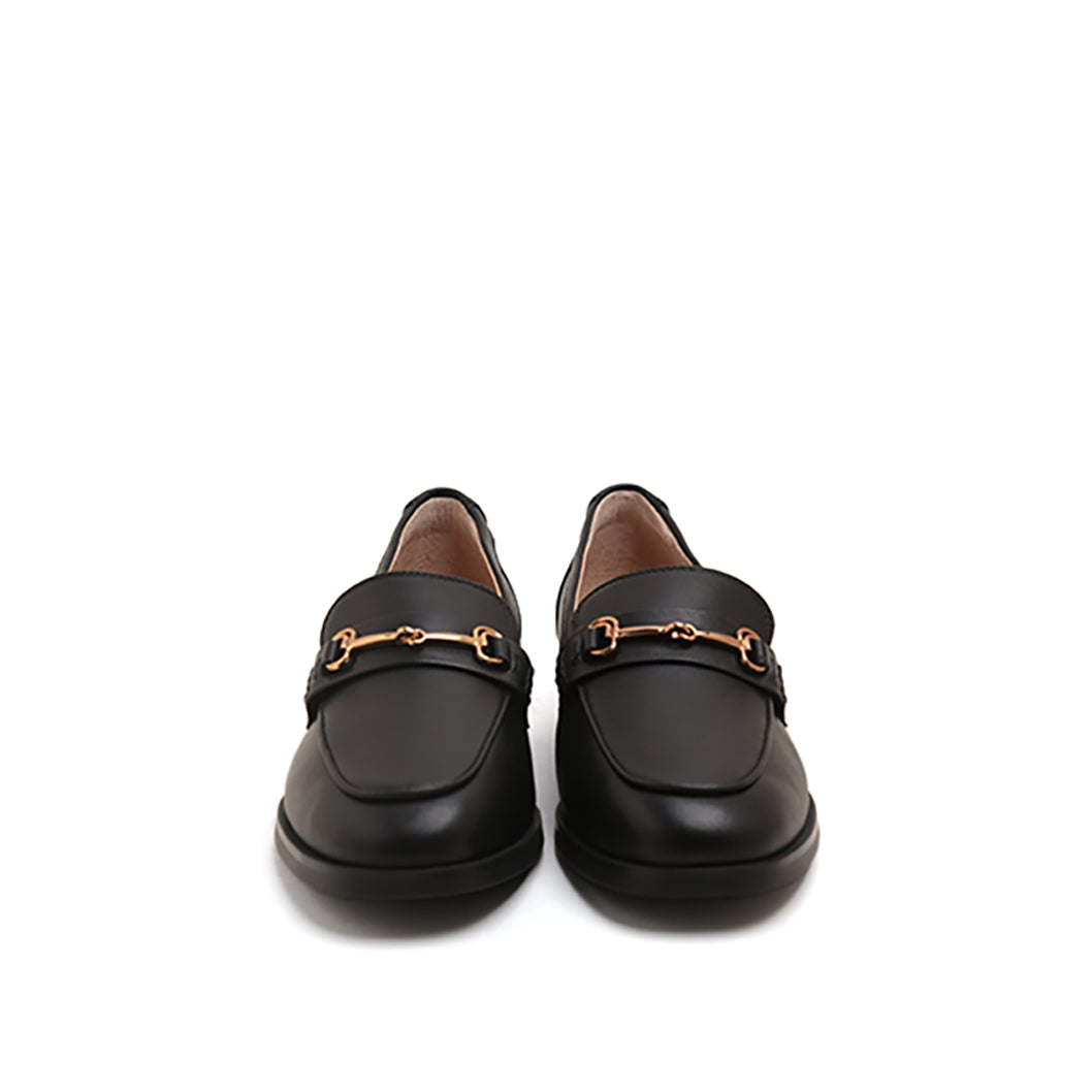 Black Leather Horsebit Embossed Loafers