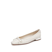 Beige Bow Woven Leather Flats