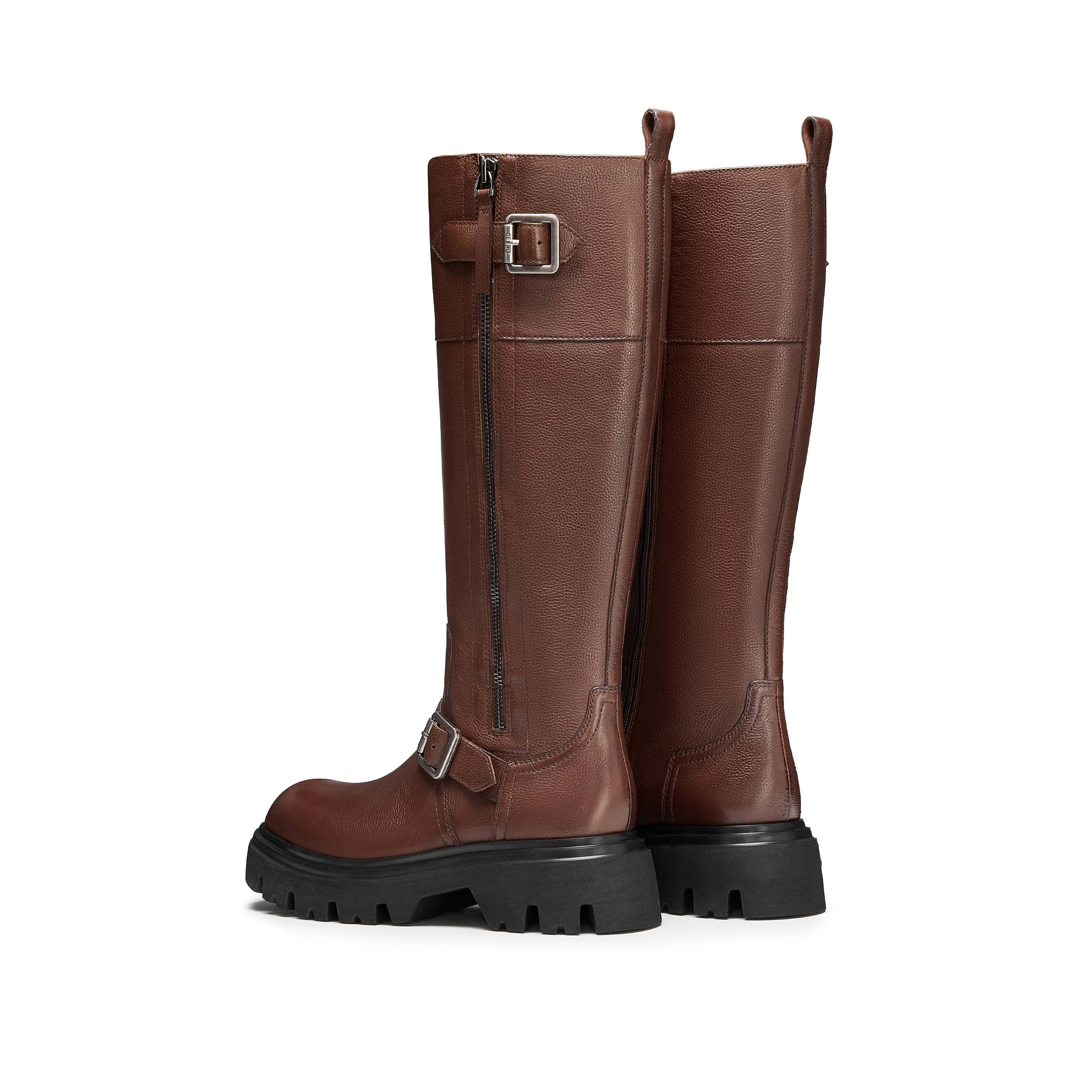 Brown Buckles Leather Under Knee Riding Boots