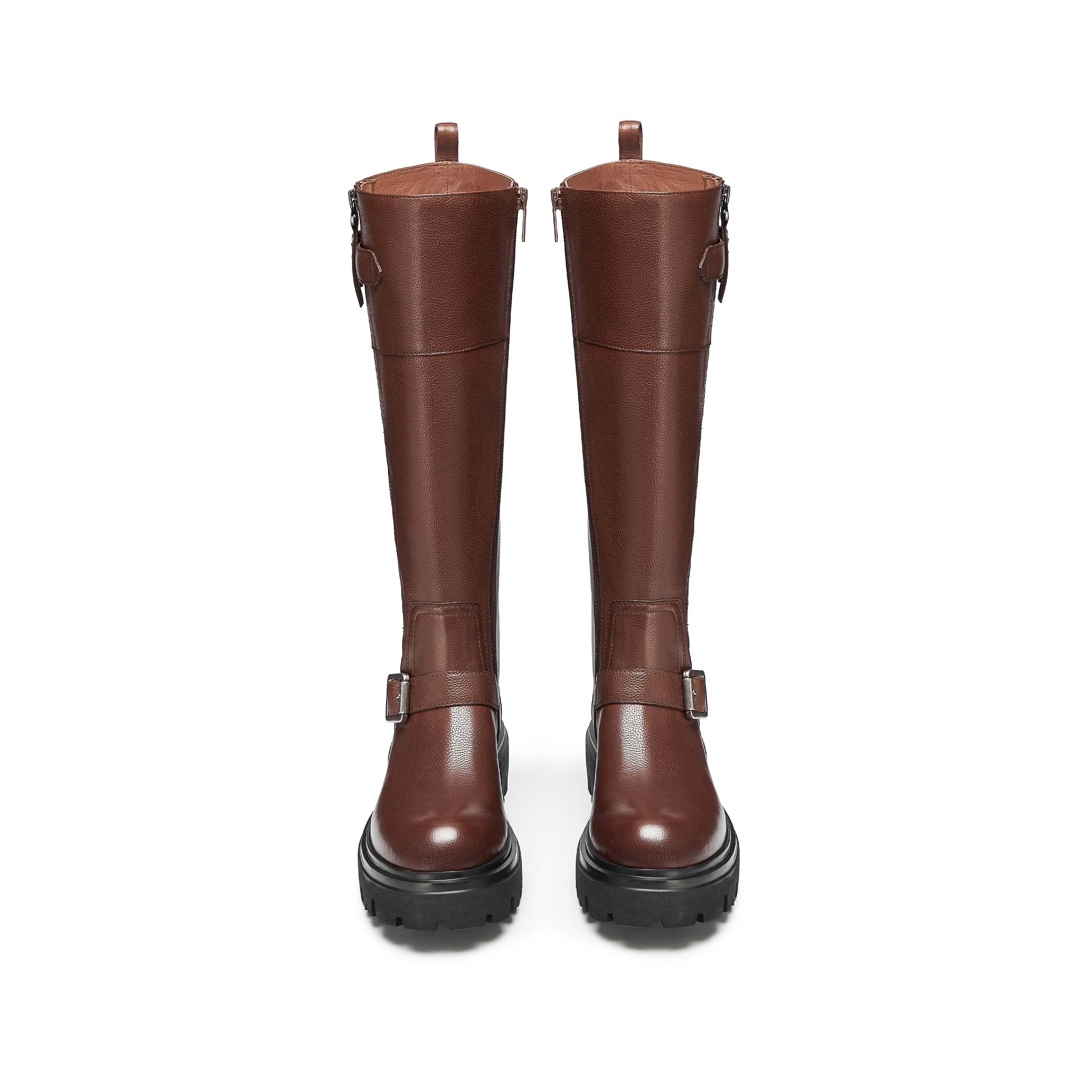 Brown Buckles Leather Under Knee Riding Boots