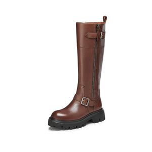 Brown Buckles Leather Under Knee Riding Boots